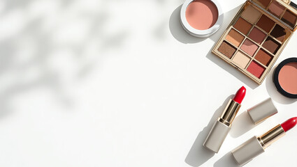 Bright Minimalist Makeup Product Arrangement with Lipstick and Eyeshadow Palette Still Life