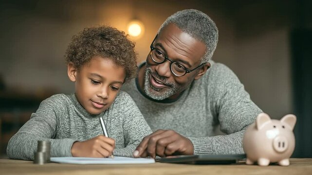 Child Learning Financial Literacy with Coins and Notepad