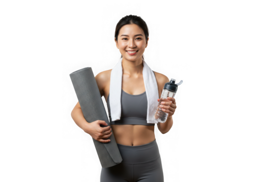 Smiling woman with yoga mat and water bottle after exercising on transparent background - Powered by Adobe