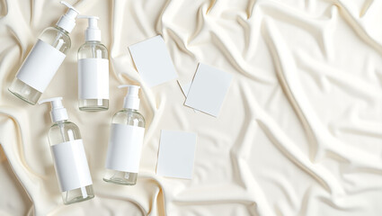Elegant Overhead Clear Bottle with Pump Dispenser and Card Mockup on Silk Fabric