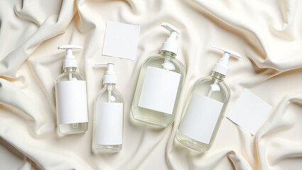 Minimalist Overhead Cosmetic Bottle and Label Arrangement on Creamy Silk Fabric Surface