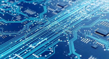 Close up of blue electronic circuit board with glowing connections technology background for innovation and digital data concept