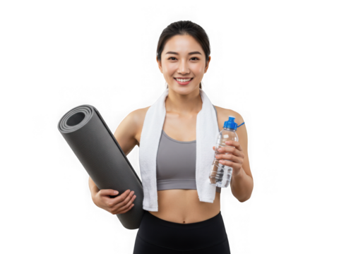 Smiling woman holds yoga mat and water bottle after workout on transparent background