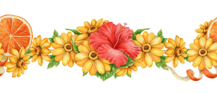 Vibrant summer seamless border with hibiscus sunflower and citrus in watercolor style. Yellow red flower and orange slice ideal for holiday card tropical nature themed print and seasonal decoration.