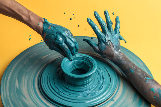 Collaborative pottery making with messy teal clay. Close-up of hands shaping a pot on a wheel against a yellow background, a creative hands-on craft generative ai
