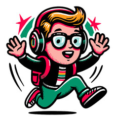 Cartoon Character Portrait of a Youth with Headphones and Curly Hair