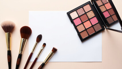 Flat Lay Cosmetic Brush and Eye Shadow Palette with White Paper Beauty