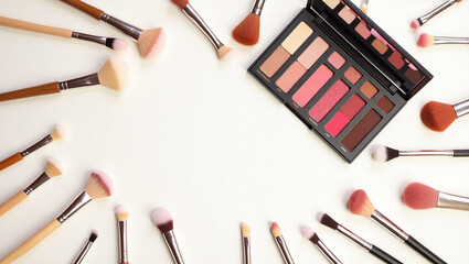 Elegant Flat Lay Cosmetic Palette with Makeup Brush Collection Arrangement