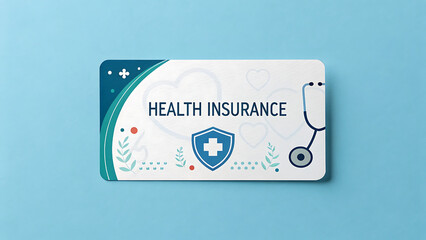 A health insurance card with a stethoscope and shield on a light blue background flat lay design