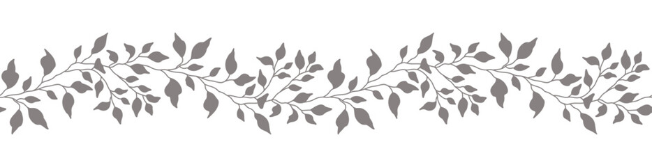 Floral border with black silhouettes of tree branches and leaves. Seamless horizontal abstract nature background with flat leaf garland. Vector illustration