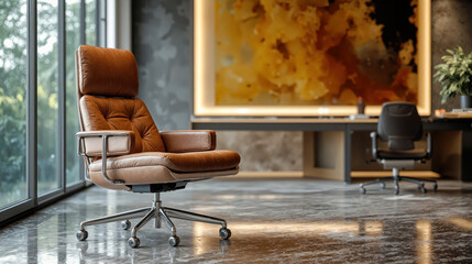 Modern leather office chair close up in stylish workspace with marble floor and large window
