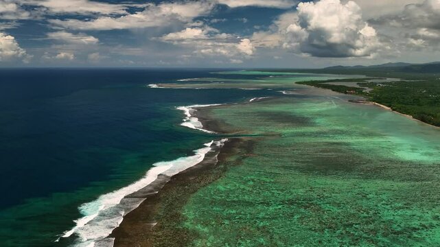 Aerial view of turquoise ocean and coastline, Samoa.