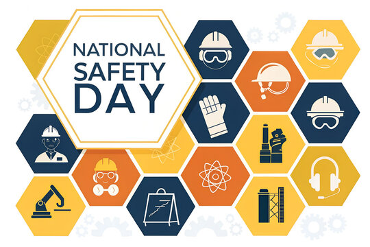 National Safety Day banner with workplace health and protection icons. Features personal protective equipment (PPE) for industrial and construction workers. generative ai