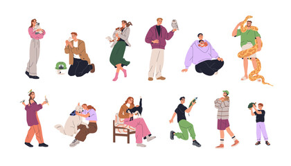 Plakat People and different pets set. Happy home animal owners holding and caring for dog, cat, parrot, boa snake, turtle, exotic iguana, hamster, owl. Flat vector illustration isolated on white background