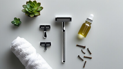 Flatlay Stainless Steel Razor Grooming Set On Neutral Surface Still Life