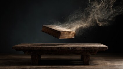 Obraz premium Ancient book levitating above wooden table