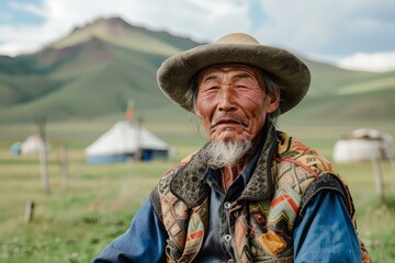 Portrait of a mongolian shepherd wearing traditional clothing and hat, posing serenely in a vast green field with yurts in the background