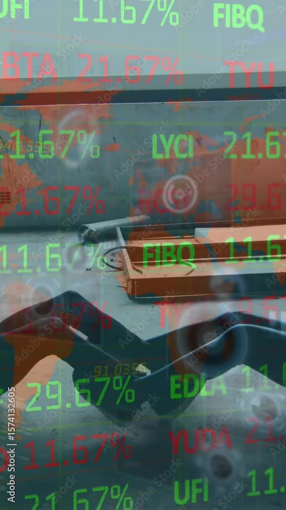 Poster animation of financial data processing over desk