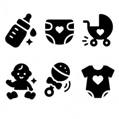 Black Pictogram Silhouette Icon Set Baby Care Signs, a Collection of Six Essential Black and White Icons, Representing Baby Bottle, Diaper, Stroller, Baby, Rattle, and Onesie