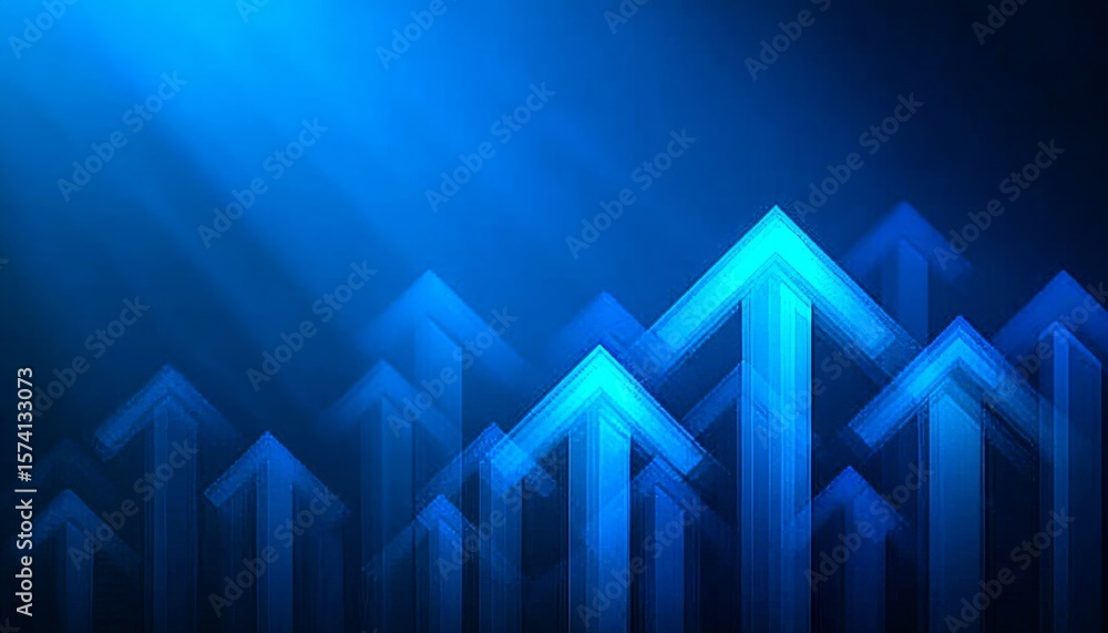 Poster abstract background with illuminated blue arrows pointing upward symbolizing progress and growth