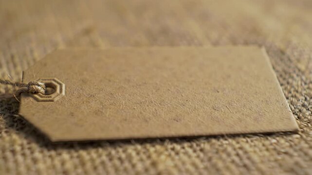 Close up of brown tag with string on burlap sack background