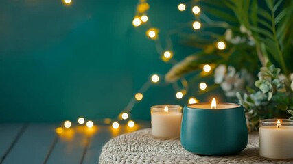 Burning candles on cozy table with bokeh lights and green leaves — video background with copy space on the left for wellness brands, spa content, mindfulness videos, or holiday promotions in warm 
