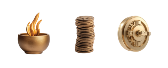 Golden bowl with fire, stack of coins, and large safe door