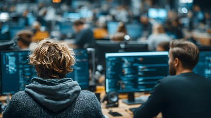Softwareentwickler bei der Programmierung in modernem IT-Großraumbüro
