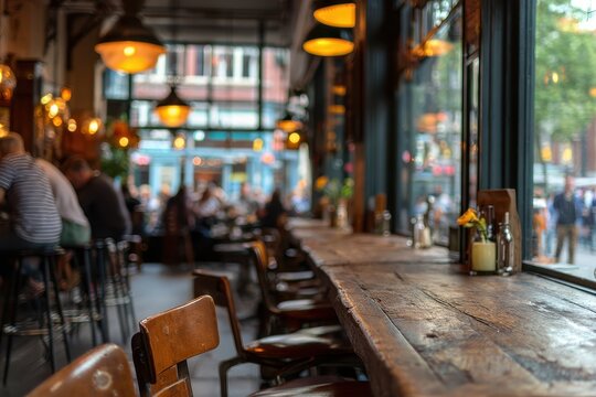 Busy cafe interior, wooden tables and chairs
