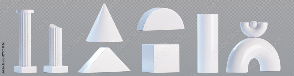 Poster building block and column toy set on transparent background. white 3d geometric shapes of classical 