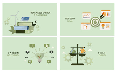 Four eco-friendly business illustrations featuring renewable energy training, net-zero goals, carbon neutrality communication, and smart energy balance solutions. Flat style. Vector illustration