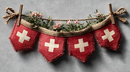 Rustikale Stoffgirlande mit Schweizer Flaggen und Blumen an grauer Wand
