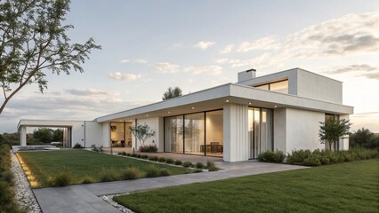 Modern Minimalist House Exterior With Large Windows During Evening