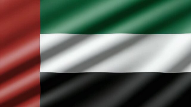 4K footage of the UAE flag waving gently. Features vertical green, white, black stripes and a red vertical band, symbolizing national identity.