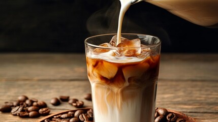 Refreshing Iced Coffee with Cream Being Poured Over for a Delicious Taste on Wooden Planks