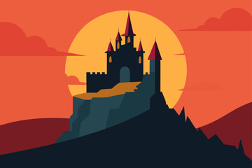 Obraz premium sunset behind a majestic castle on the cliff