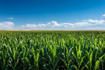 Obraz premium Green Cornfield Under Bright Blue Sky, Healthy Corn Plants under Summer Sky