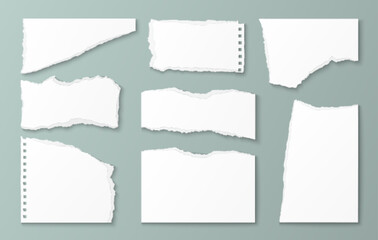 Realistic paper scraps collection with torn edges and ripped textures on mint background - white notebook sheets, strips and fragments with shadows for scrapbook projects, collage crafting designs.