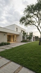 Modern Minimalist House Exterior With Large Windows During Evening
