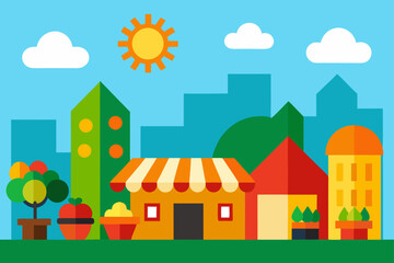 vibrant farmers market in a sunny town