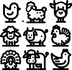 Farm animals icons in black line art style on white background  