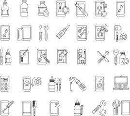 Line art icons of tools and repair items in various arrangements  