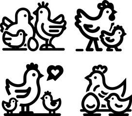 Illustrations of chickens and chicks with eggs in simple style  