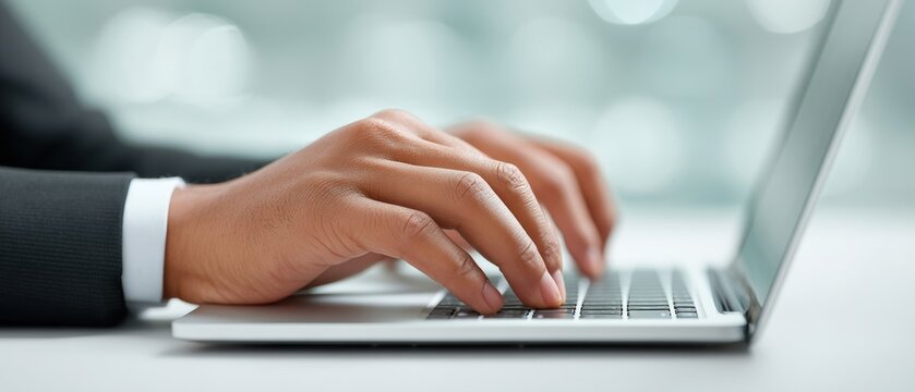 Business professional typing on laptop at modern office space close-up perspective digital communication environment
