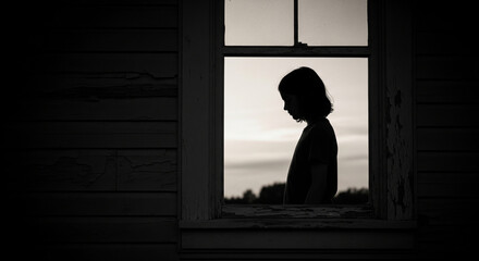 Lonely child silhouette in the window, concept of loneliness, sadness, nostalgia, childhood trauma, autism, abandonment, solitude