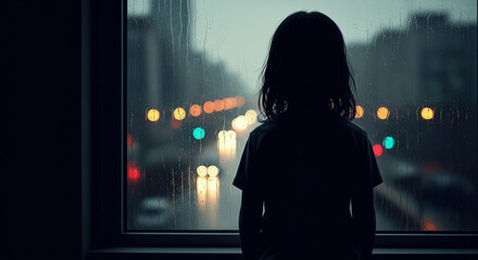 Lonely child silhouette in the window, concept of loneliness, sadness, nostalgia, childhood trauma, autism, abandonment, solitude