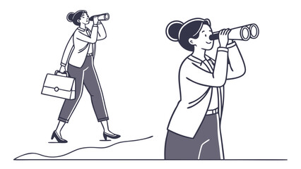 A determined businesswoman using binoculars to explore new opportunities ahead.