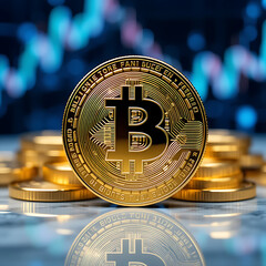 “Golden Bitcoin Coin with Financial Chart Background Representing Cryptocurrency and Market Trends”