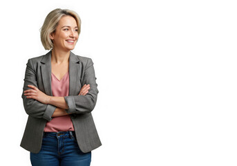 Portrait of a woman with folded arms wearing blazer and jeans on transparent background