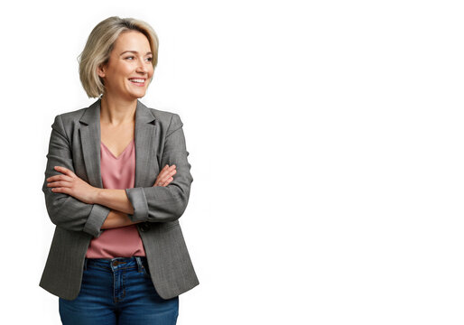 Portrait of a woman with folded arms wearing blazer and jeans on transparent background